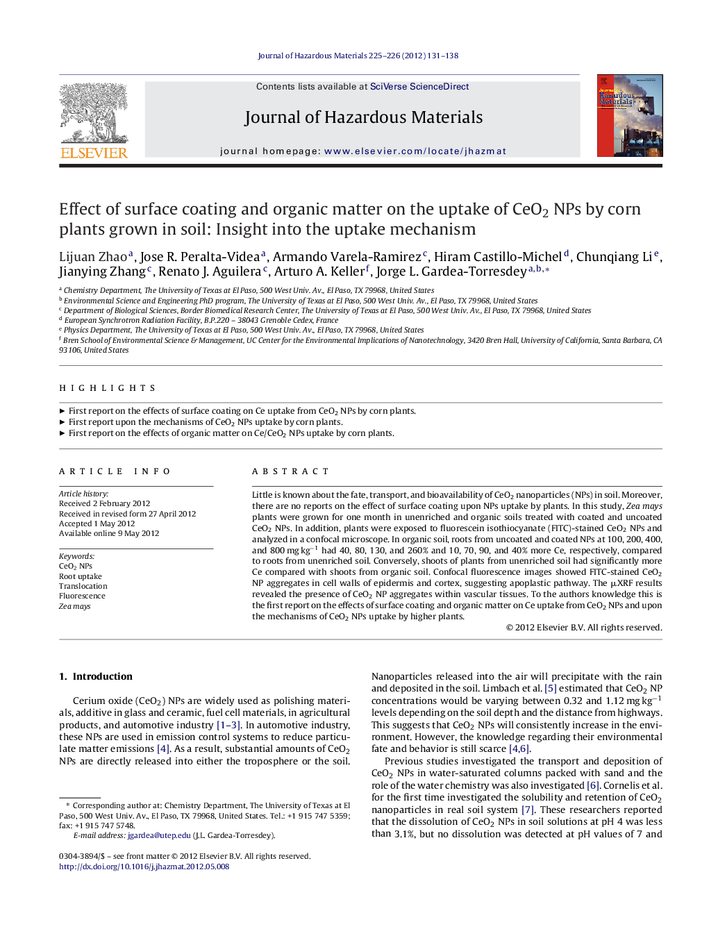 Effect of surface coating and organic matter on the uptake of CeO2 NPs by corn plants grown in soil: Insight into the uptake mechanism