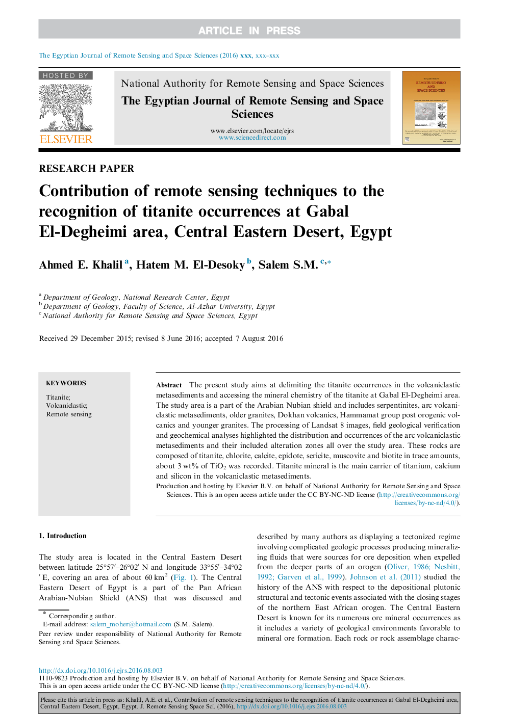 Contribution of remote sensing techniques to the recognition of titanite occurrences at Gabal El-Degheimi area, Central Eastern Desert, Egypt