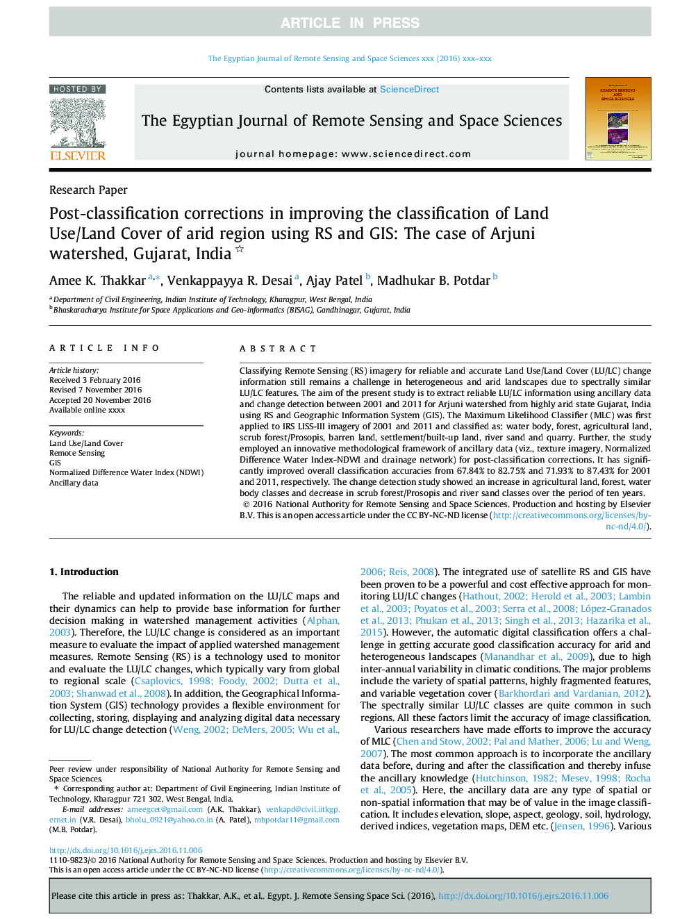 Post-classification corrections in improving the classification of Land Use/Land Cover of arid region using RS and GIS: The case of Arjuni watershed, Gujarat, India