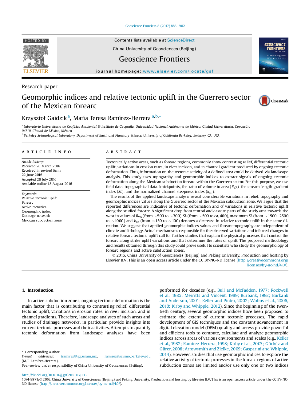 Research paperGeomorphic indices and relative tectonic uplift in the Guerrero sector of the Mexican forearc