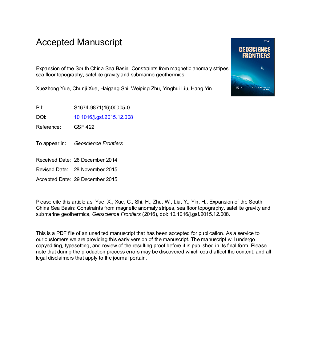 Expansion of the South China Sea basin: Constraints from magnetic anomaly stripes, sea floor topography, satellite gravity and submarine geothermics