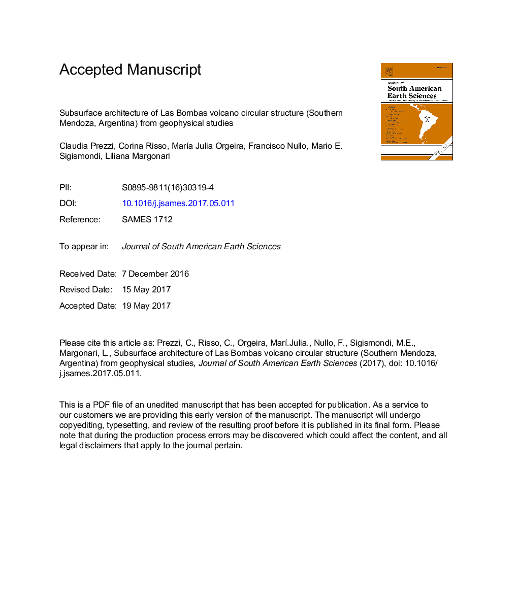 Subsurface architecture of Las Bombas volcano circular structure (Southern Mendoza, Argentina) from geophysical studies