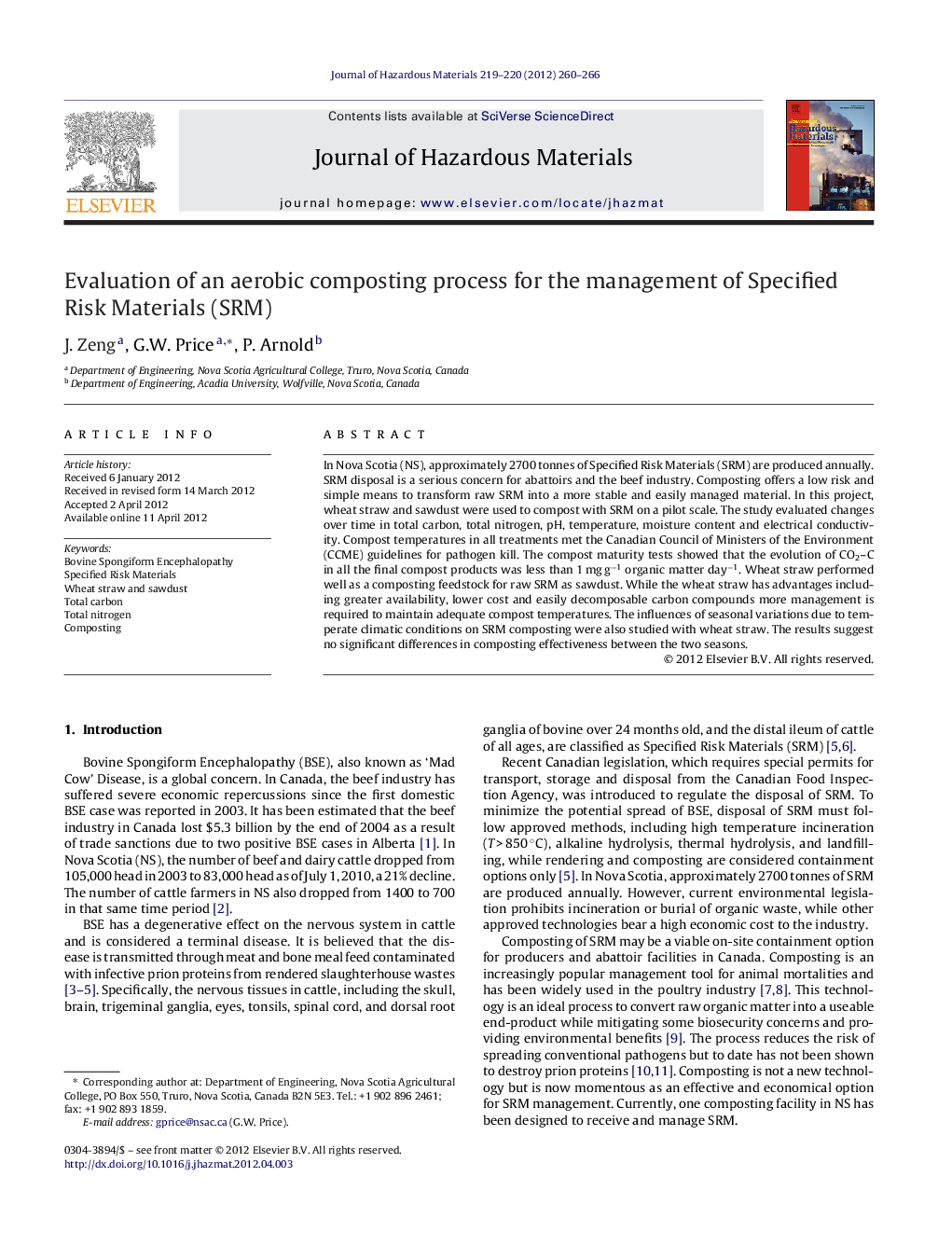 Evaluation of an aerobic composting process for the management of Specified Risk Materials (SRM)