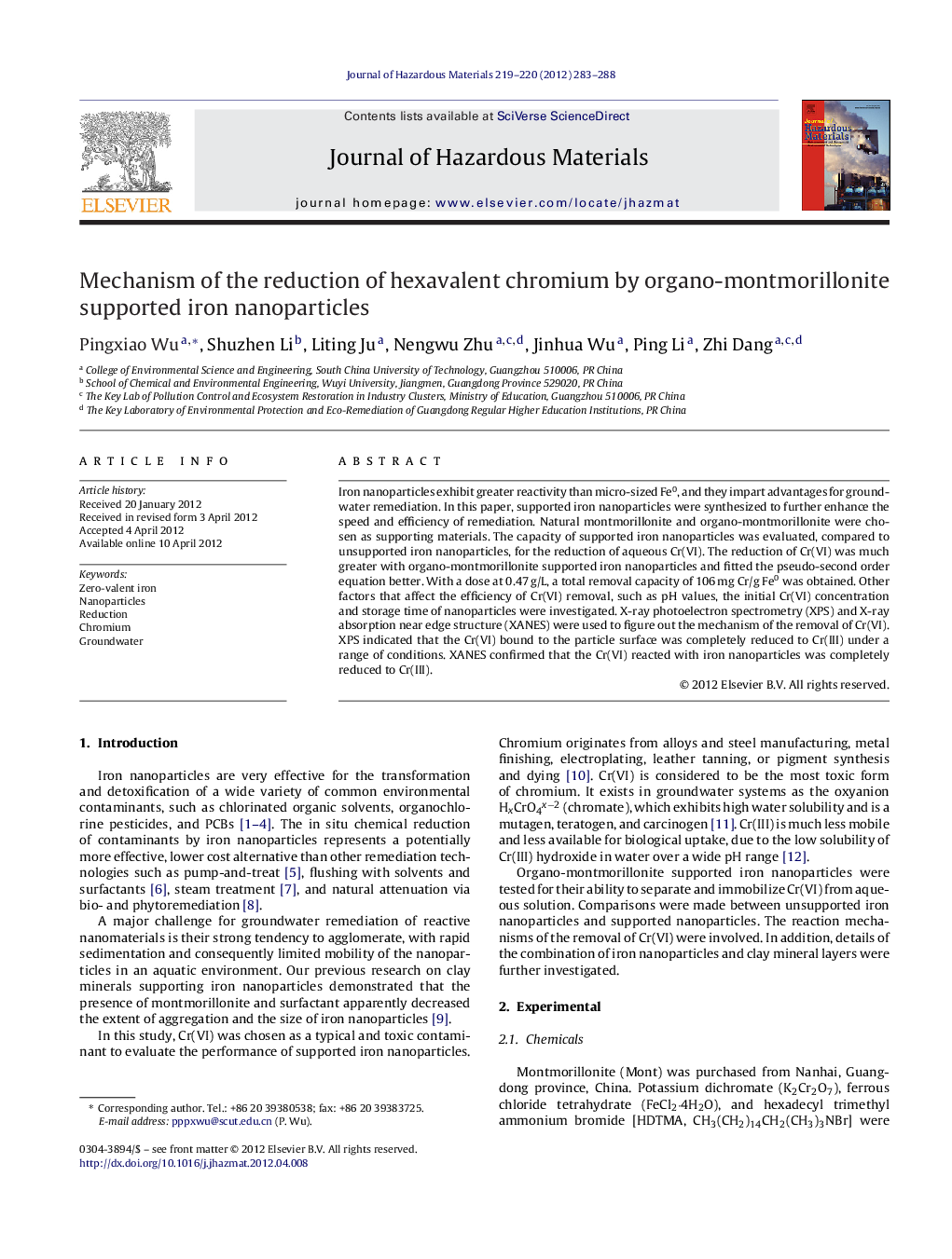 Mechanism of the reduction of hexavalent chromium by organo-montmorillonite supported iron nanoparticles