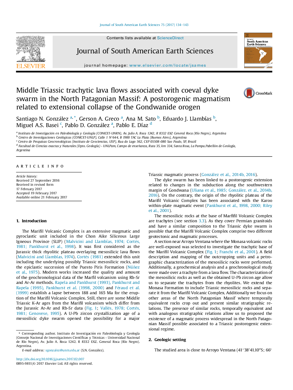 Middle Triassic trachytic lava flows associated with coeval dyke swarm in the North Patagonian Massif: A postorogenic magmatism related to extensional collapse of the Gondwanide orogen