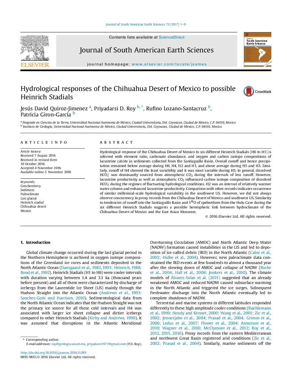 Hydrological responses of the Chihuahua Desert of Mexico to possible Heinrich Stadials