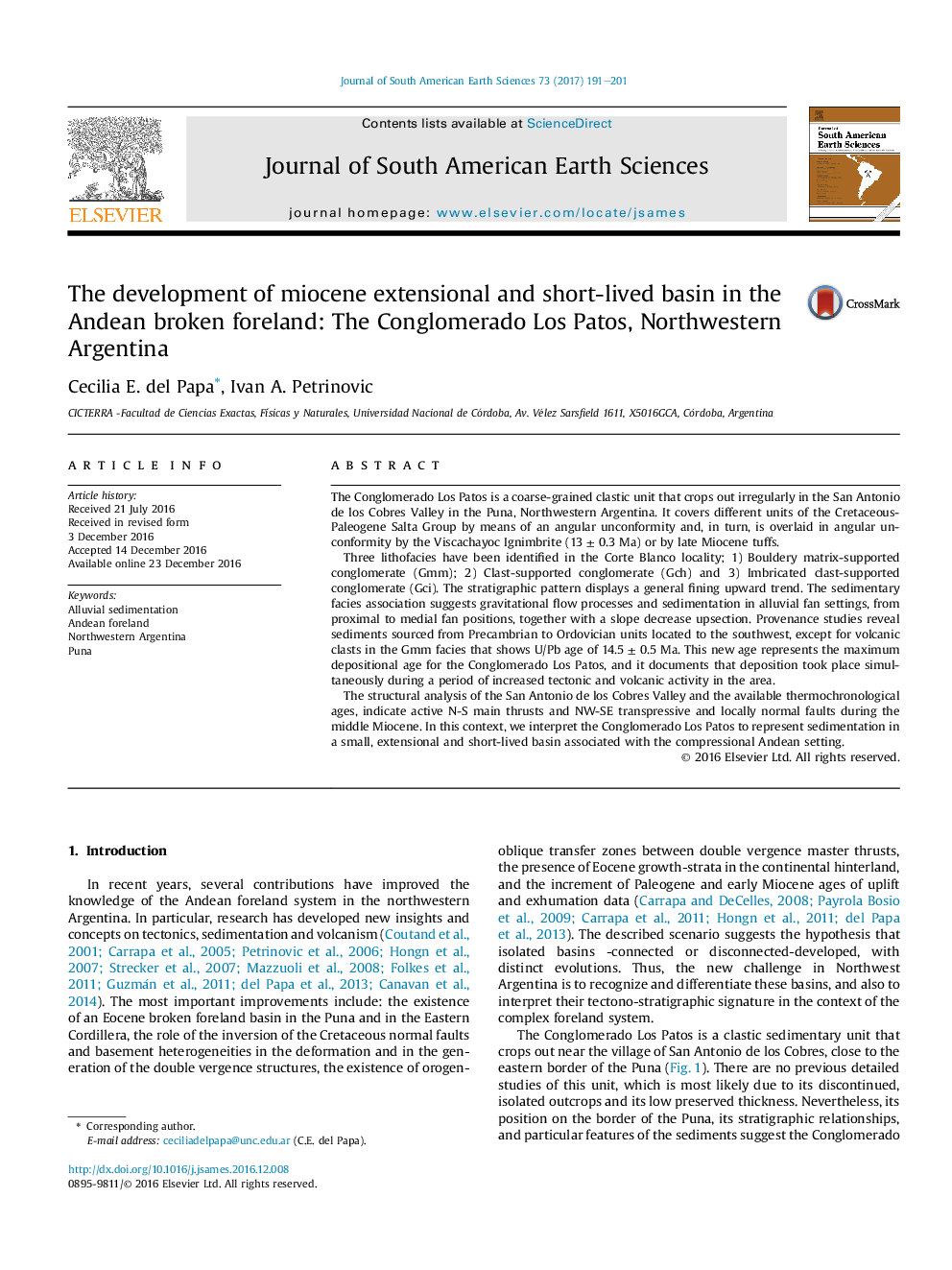 The development of miocene extensional and short-lived basin in the Andean broken foreland: The Conglomerado Los Patos, Northwestern Argentina