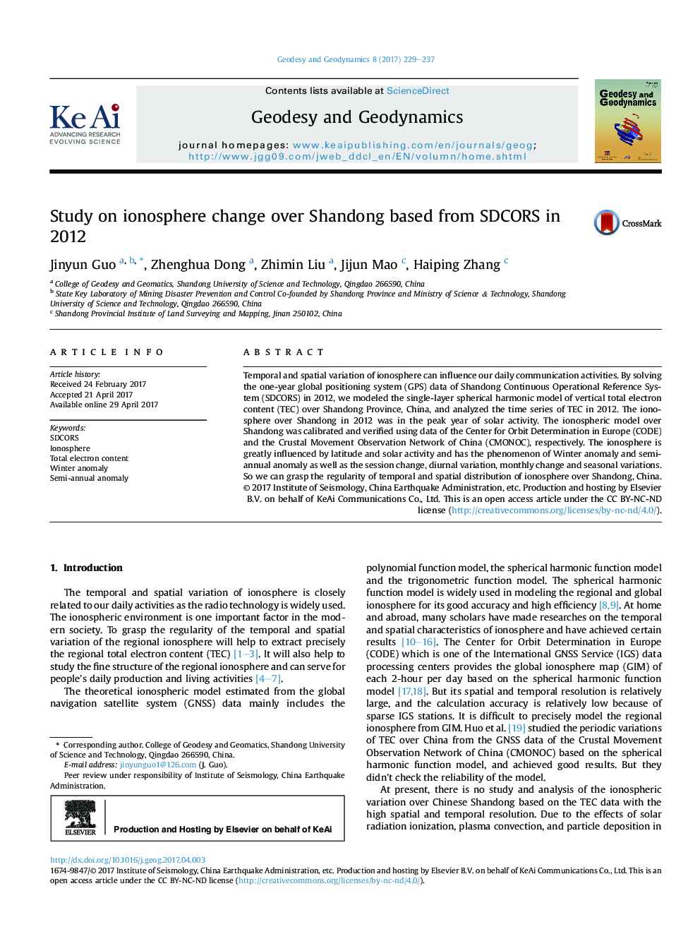 Study on ionosphere change over Shandong based from SDCORS in 2012