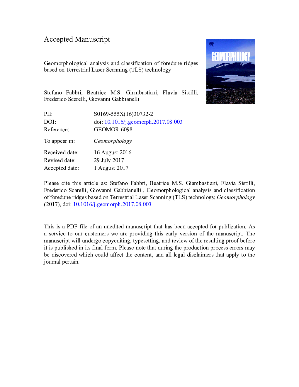 Geomorphological analysis and classification of foredune ridges based on Terrestrial Laser Scanning (TLS) technology