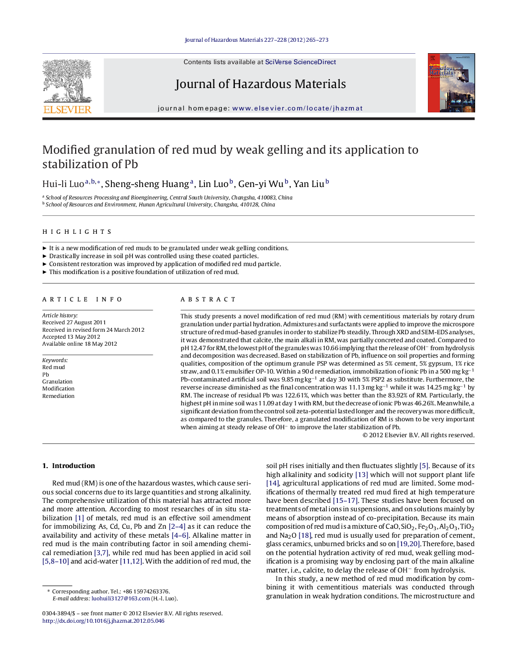 Modified granulation of red mud by weak gelling and its application to stabilization of Pb