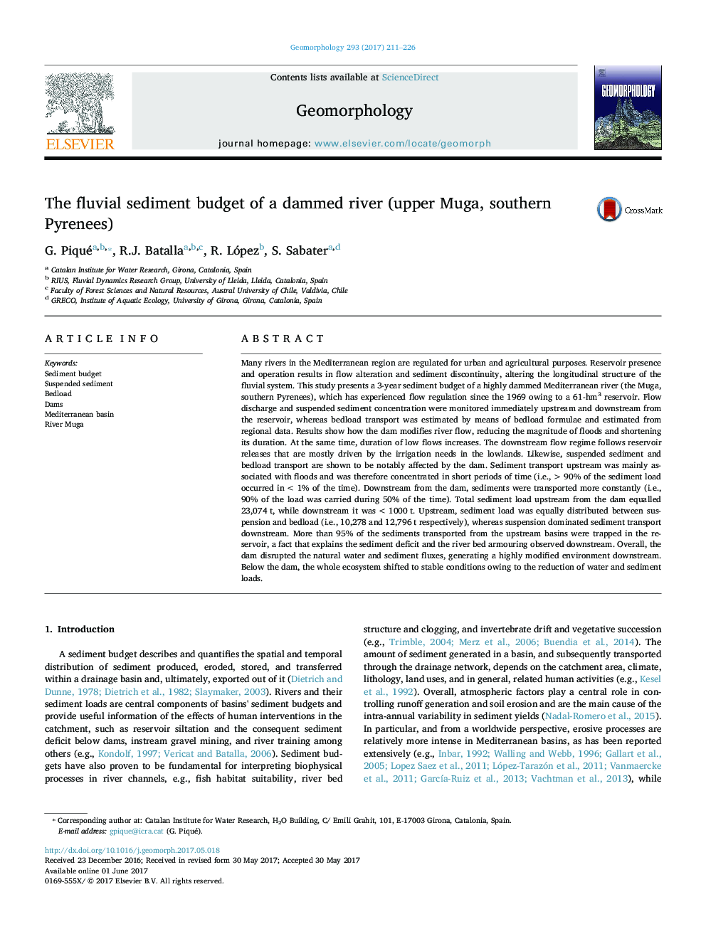 The fluvial sediment budget of a dammed river (upper Muga, southern Pyrenees)