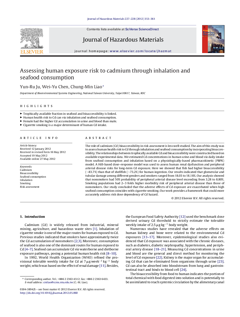 Assessing human exposure risk to cadmium through inhalation and seafood consumption