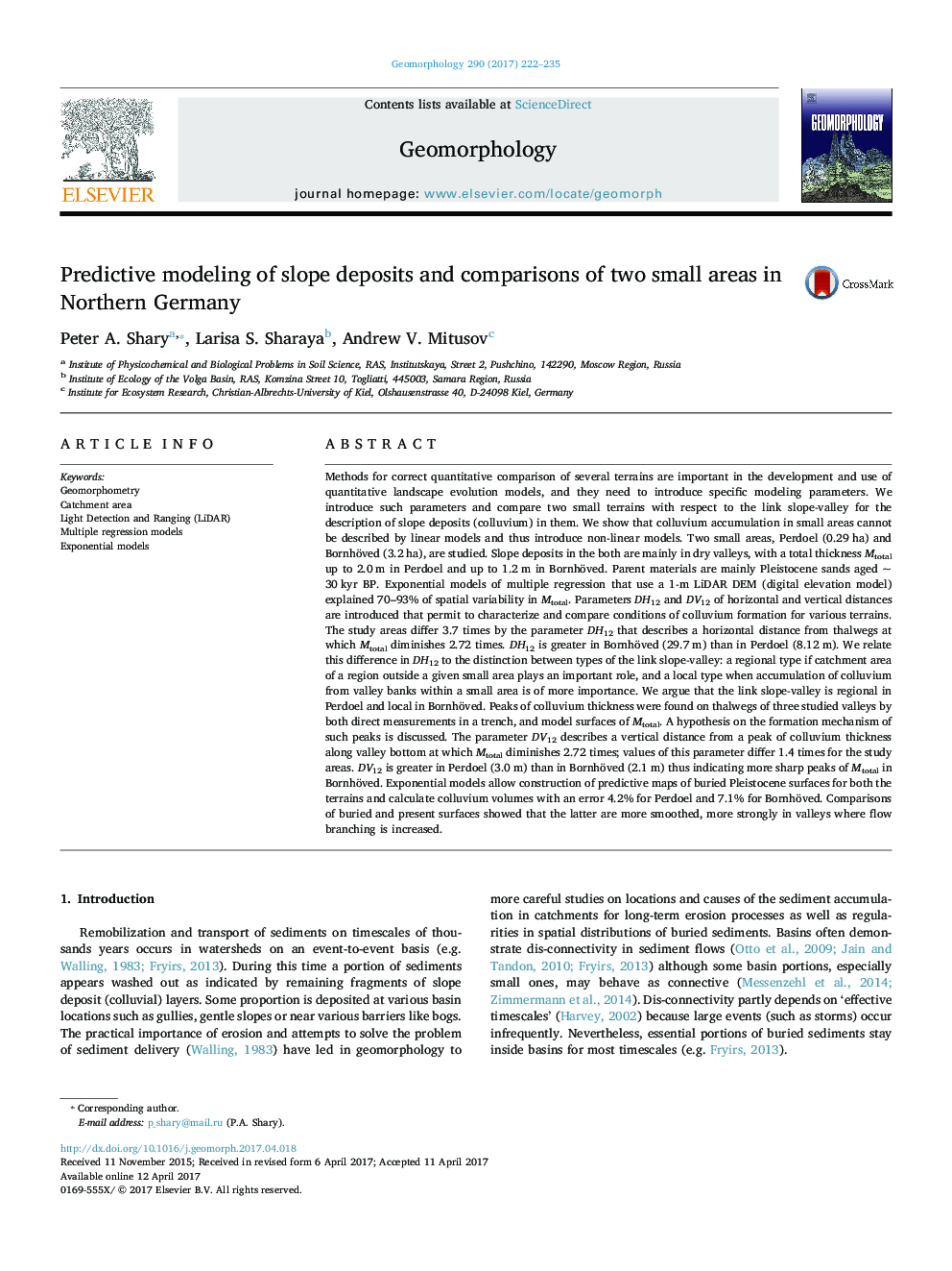 Predictive modeling of slope deposits and comparisons of two small areas in Northern Germany