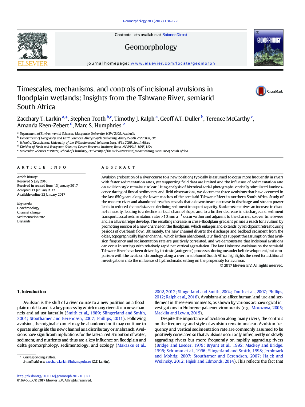 عکس صفحه اول مقاله: Timescales, mechanisms, and controls of incisional avulsions in floodplain wetlands: Insights from the Tshwane River, semiarid South Africa Timescales, mechanisms, and controls of incisional avulsions in floodplain wetlands: Insights from the Tshwane River, semiarid South Africa