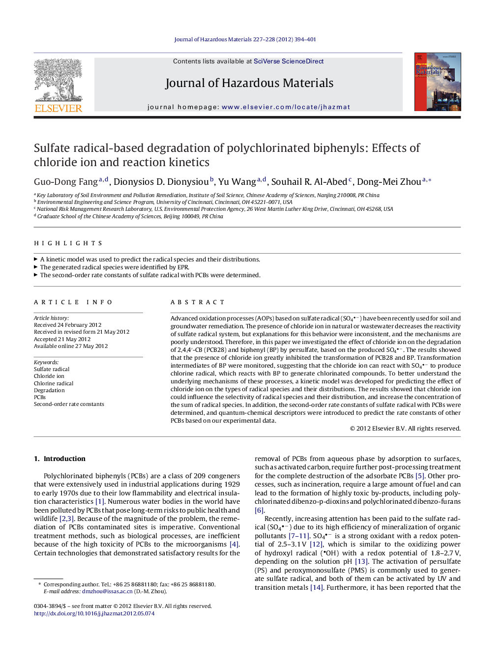 Sulfate radical-based degradation of polychlorinated biphenyls: Effects of chloride ion and reaction kinetics