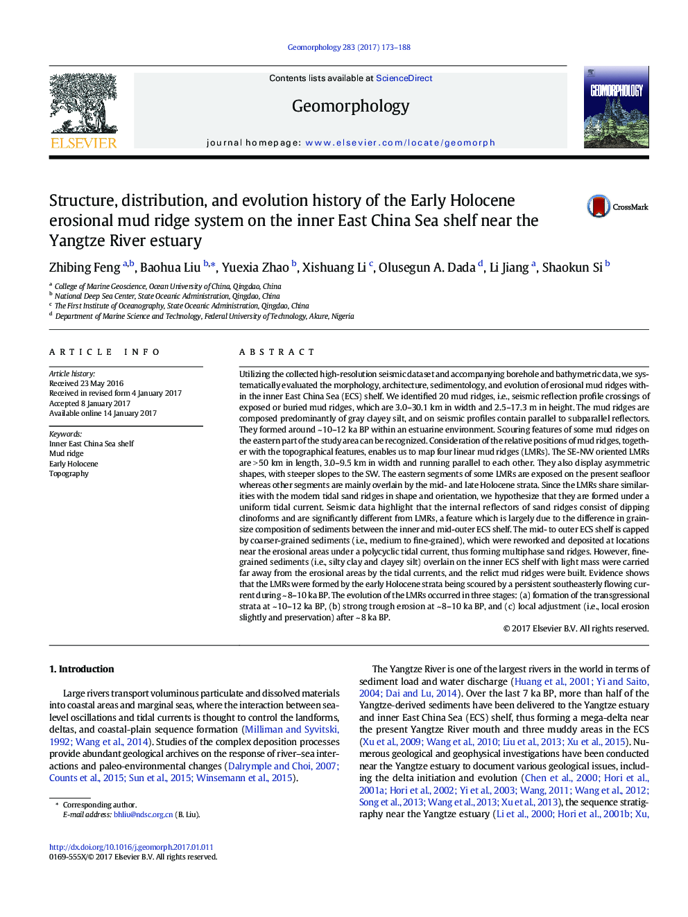 Structure, distribution, and evolution history of the Early Holocene erosional mud ridge system on the inner East China Sea shelf near the Yangtze River estuary