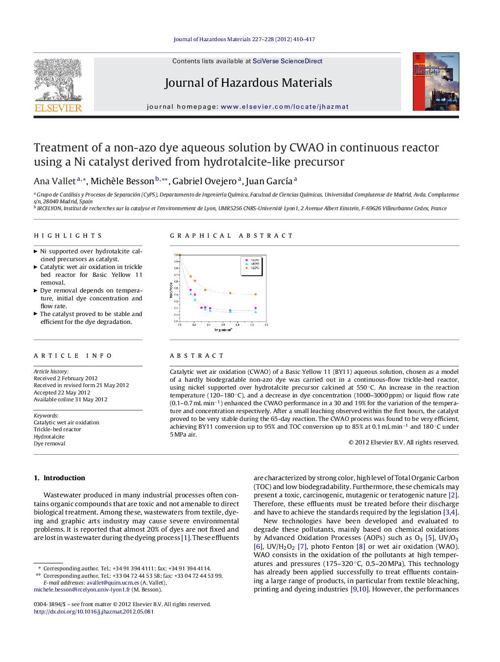 Treatment of a non-azo dye aqueous solution by CWAO in continuous reactor using a Ni catalyst derived from hydrotalcite-like precursor