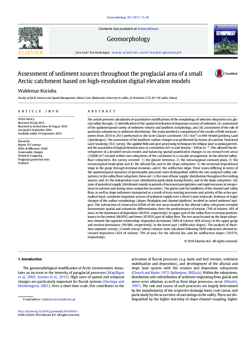 Assessment of sediment sources throughout the proglacial area of a small Arctic catchment based on high-resolution digital elevation models