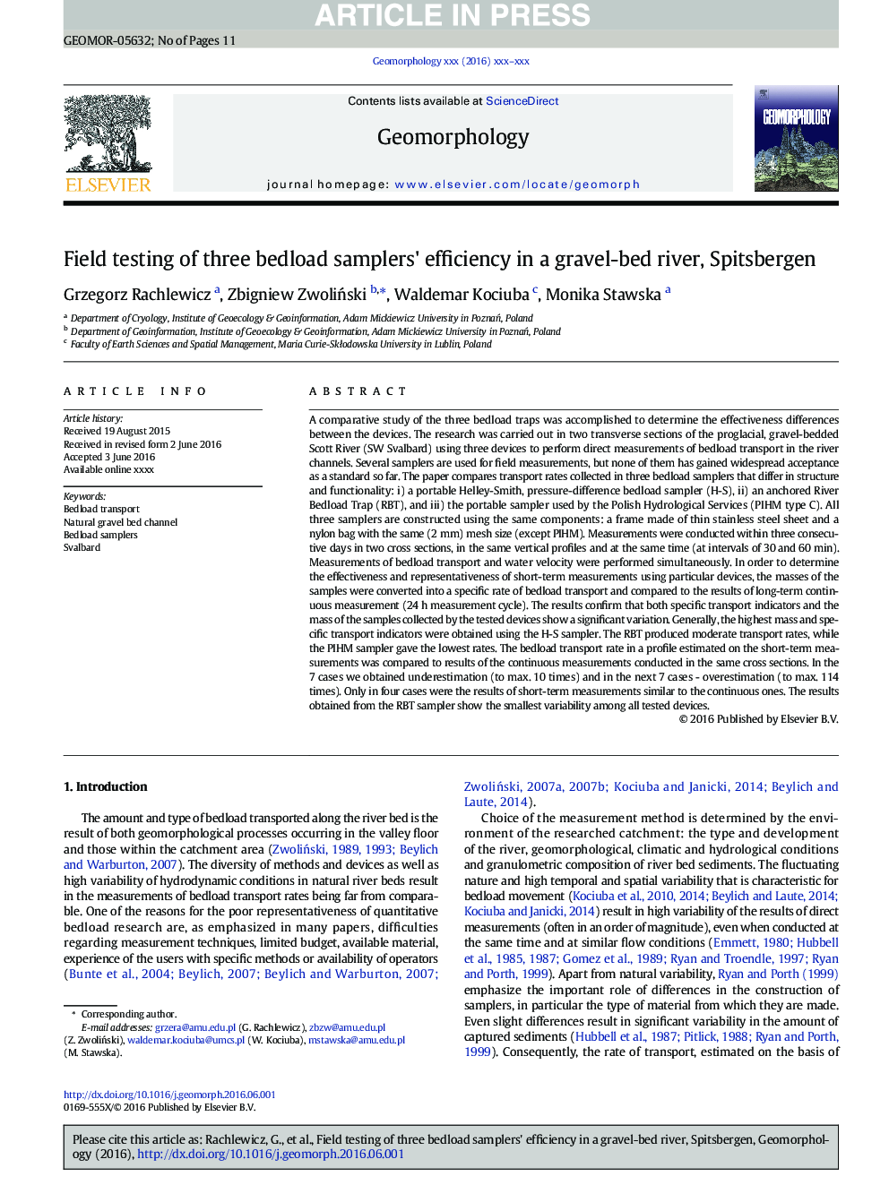 Field testing of three bedload samplers' efficiency in a gravel-bed river, Spitsbergen