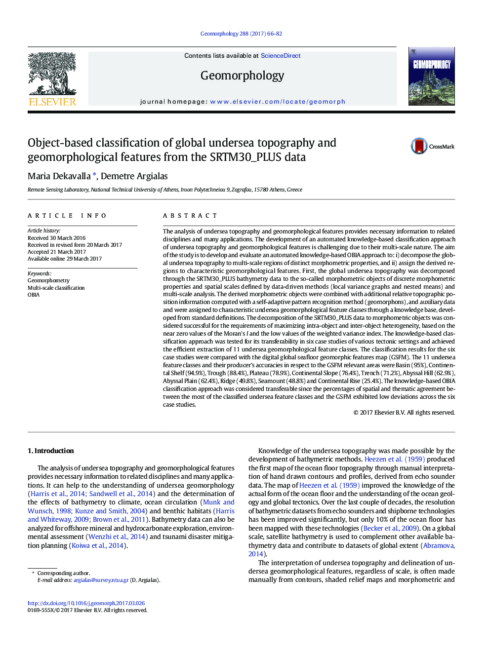 Object-based classification of global undersea topography and geomorphological features from the SRTM30_PLUS data