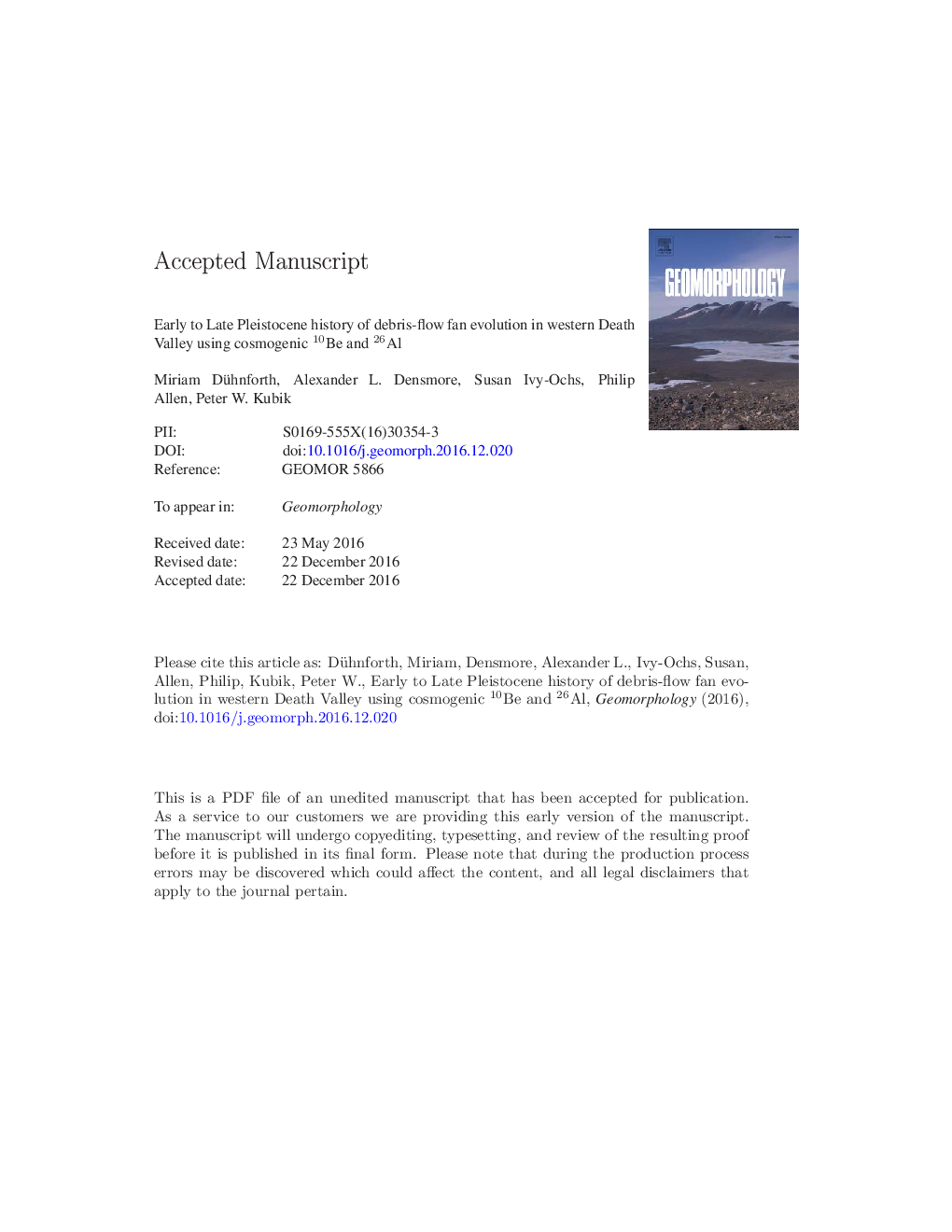 Early to Late Pleistocene history of debris-flow fan evolution in western Death Valley (California) using cosmogenic 10Be and 26Al