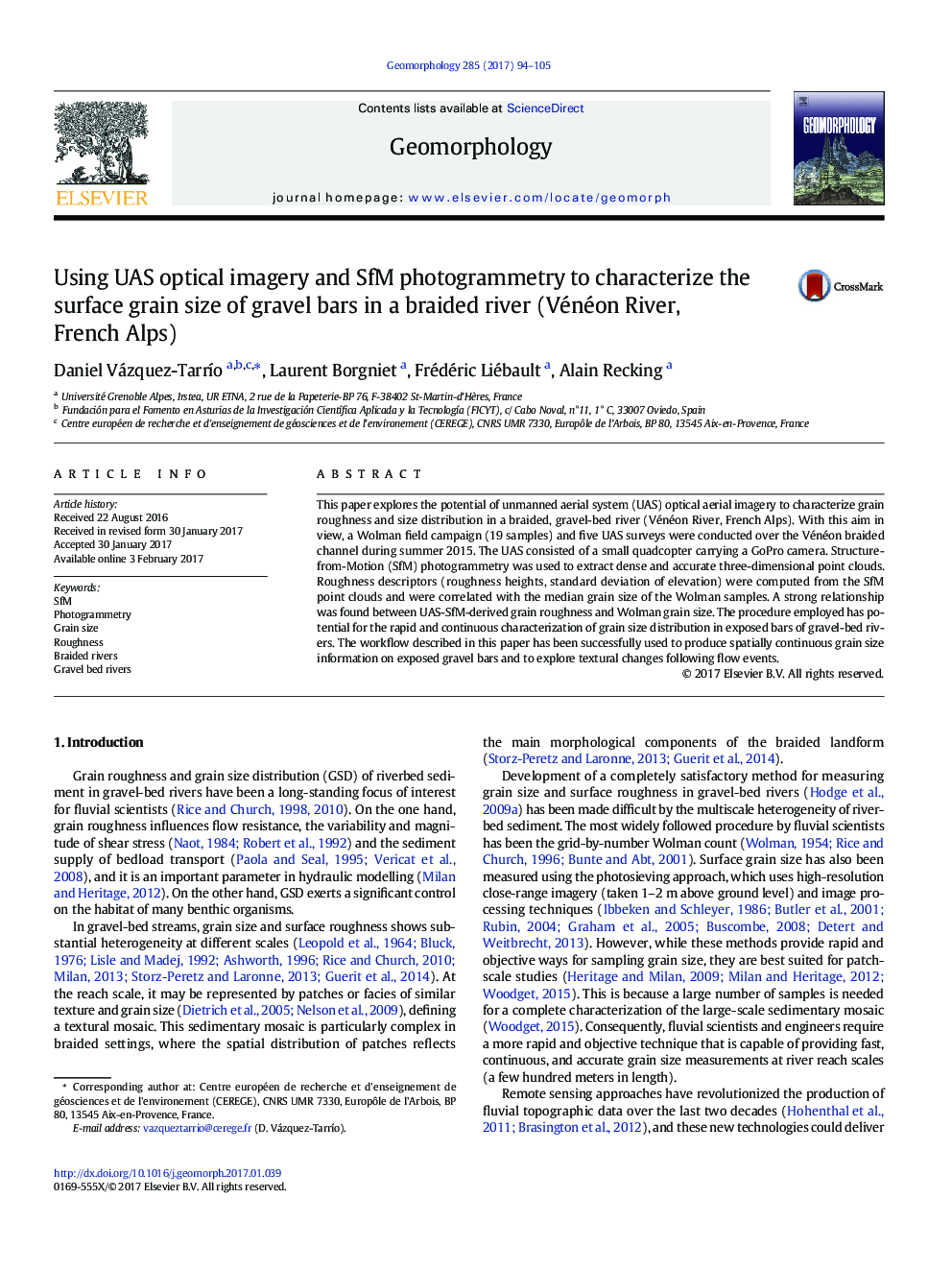 Using UAS optical imagery and SfM photogrammetry to characterize the surface grain size of gravel bars in a braided river (Vénéon River, French Alps)