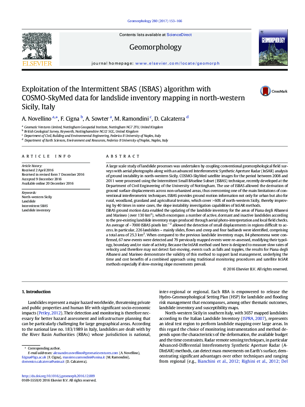 Exploitation of the Intermittent SBAS (ISBAS) algorithm with COSMO-SkyMed data for landslide inventory mapping in north-western Sicily, Italy