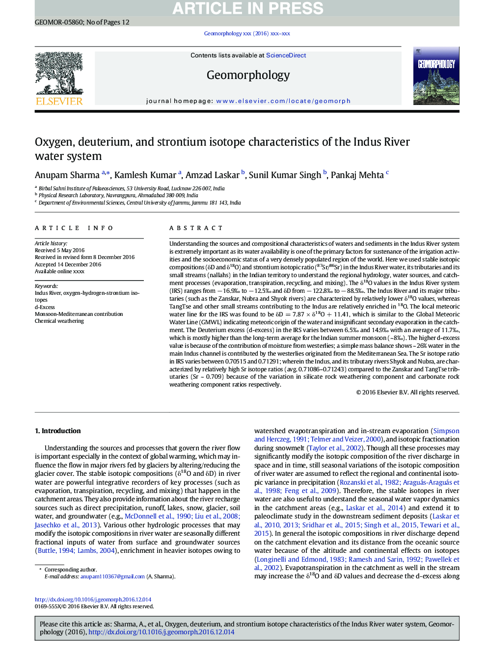 Oxygen, deuterium, and strontium isotope characteristics of the Indus River water system