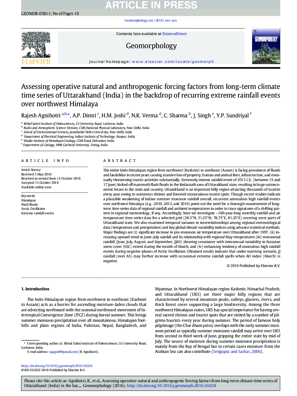 Assessing operative natural and anthropogenic forcing factors from long-term climate time series of Uttarakhand (India) in the backdrop of recurring extreme rainfall events over northwest Himalaya