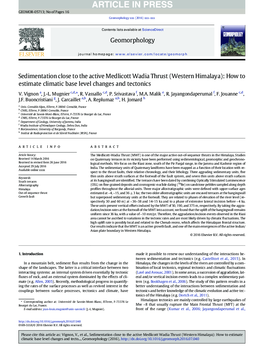 Sedimentation close to the active Medlicott Wadia Thrust (Western Himalaya): How to estimate climatic base level changes and tectonics