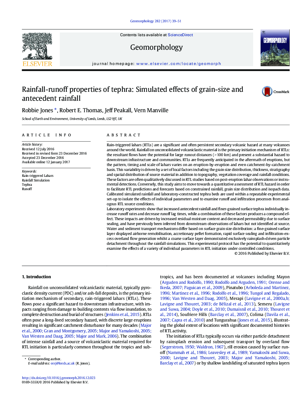 Rainfall-runoff properties of tephra: Simulated effects of grain-size and antecedent rainfall