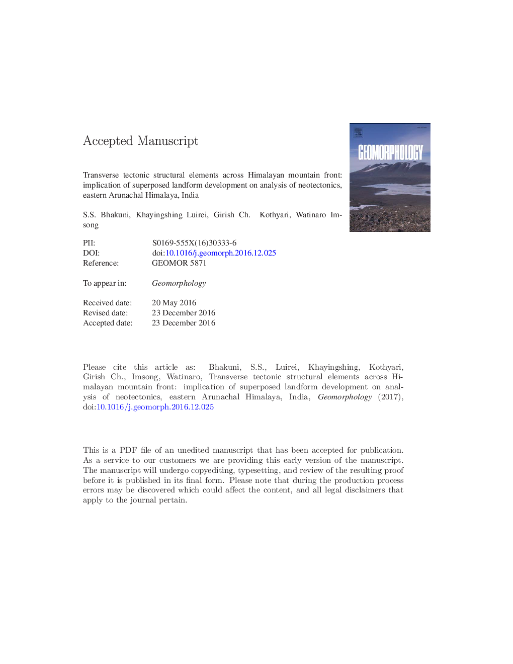 عناصر ساختاری تکتونیکی عرضی دره کوه هیمالیا، شرق آرمانچال هیمالیا، هند: ناشی از توسعه شکل زمین شناسی بر روی تجزیه و تحلیل نئوتکتونیک