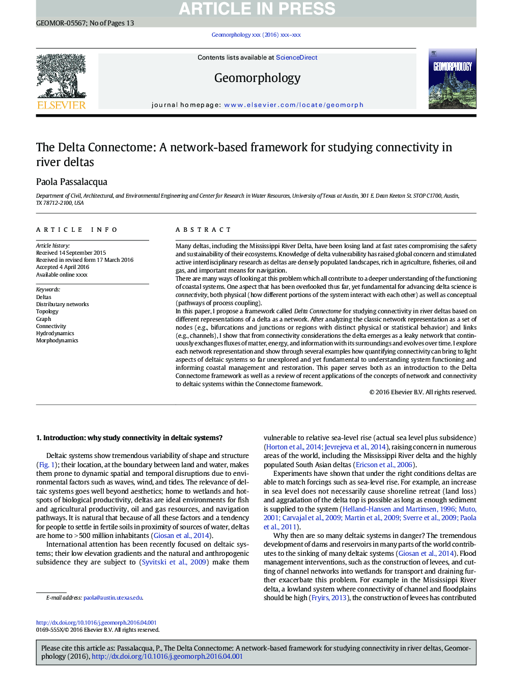 The Delta Connectome: A network-based framework for studying connectivity in river deltas