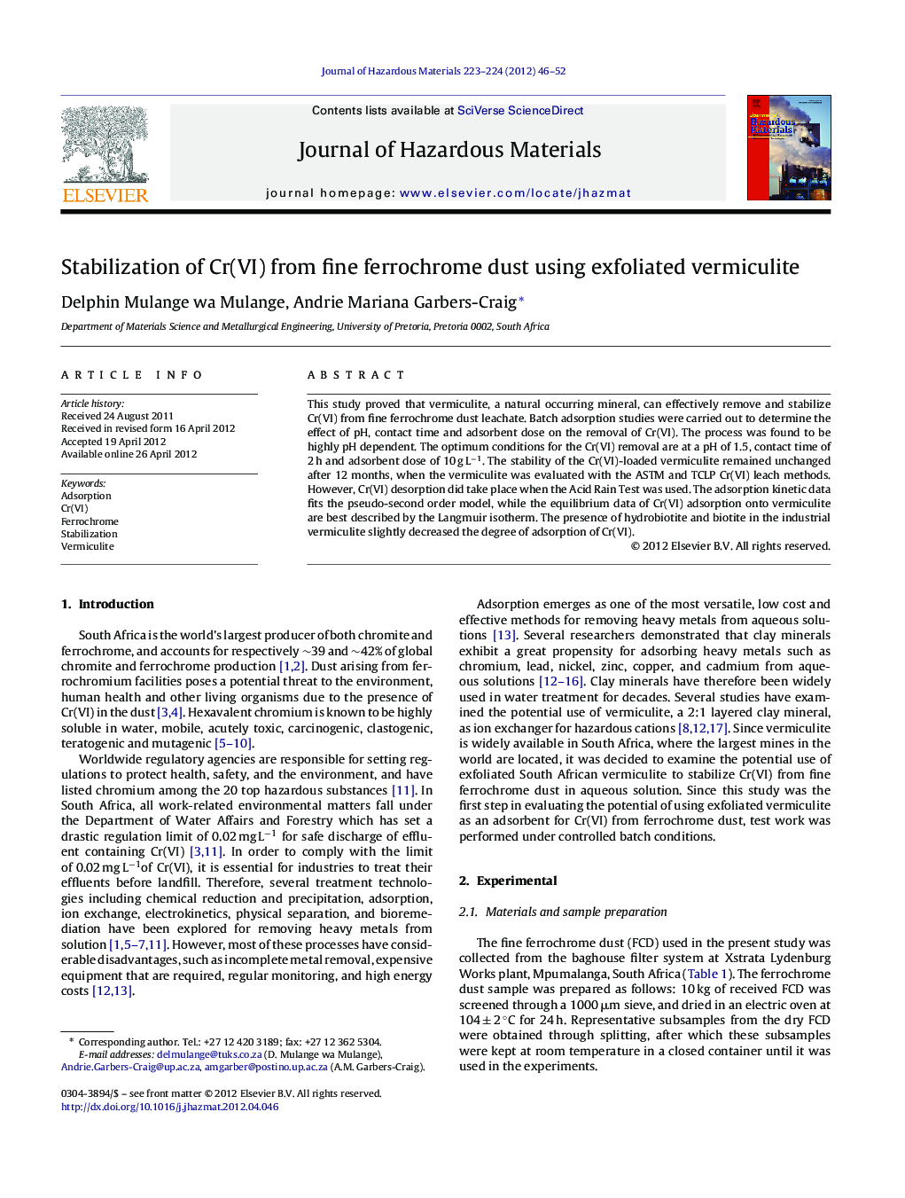 Stabilization of Cr(VI) from fine ferrochrome dust using exfoliated vermiculite