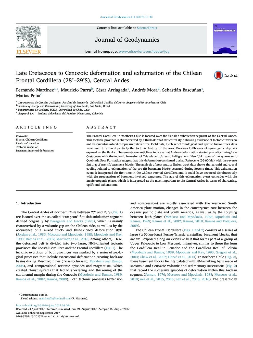 Late Cretaceous to Cenozoic deformation and exhumation of the Chilean Frontal Cordillera (28Â°-29Â°S), Central Andes