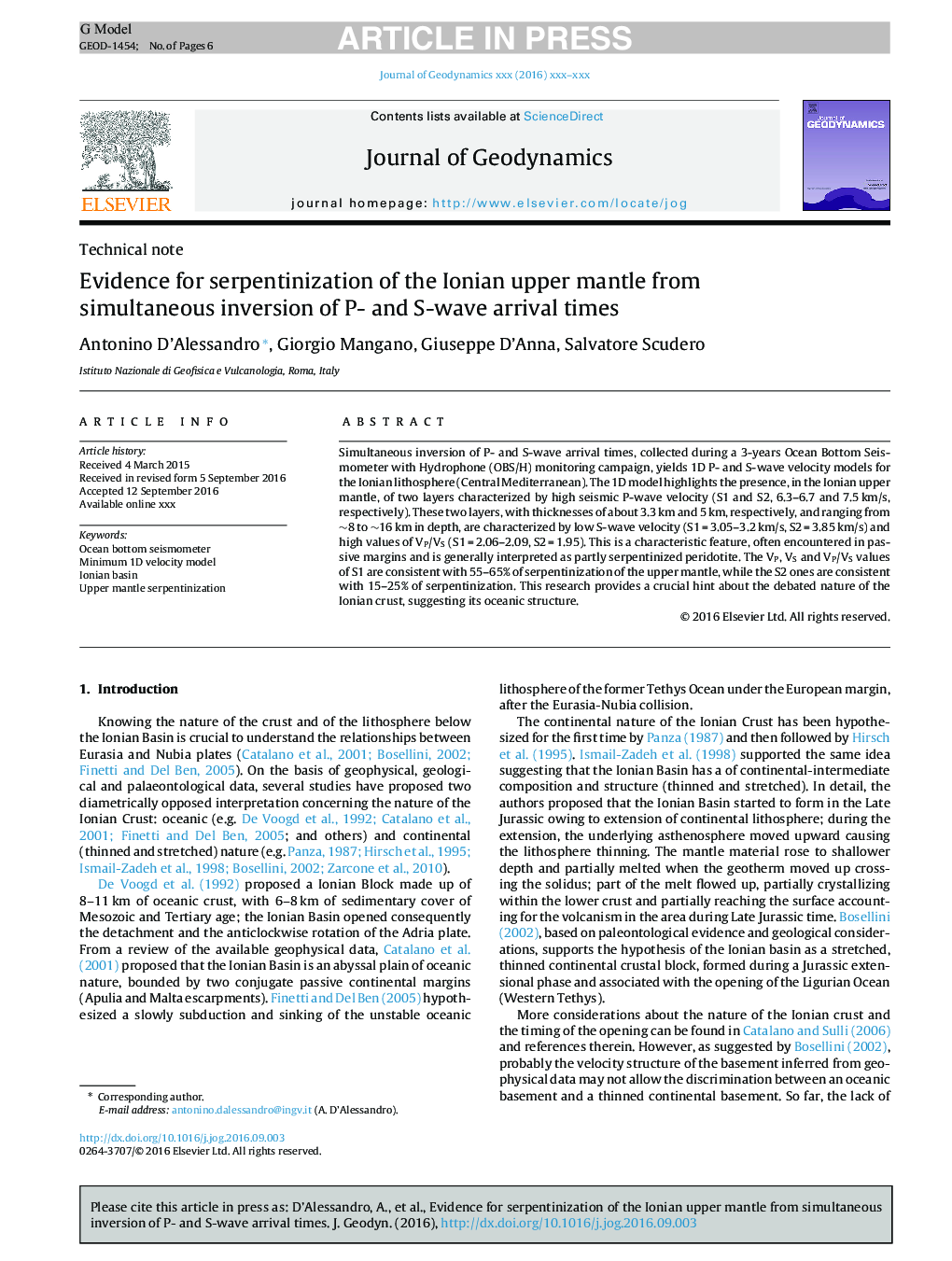 Evidence for serpentinization of the Ionian upper mantle from simultaneous inversion of P- and S-wave arrival times