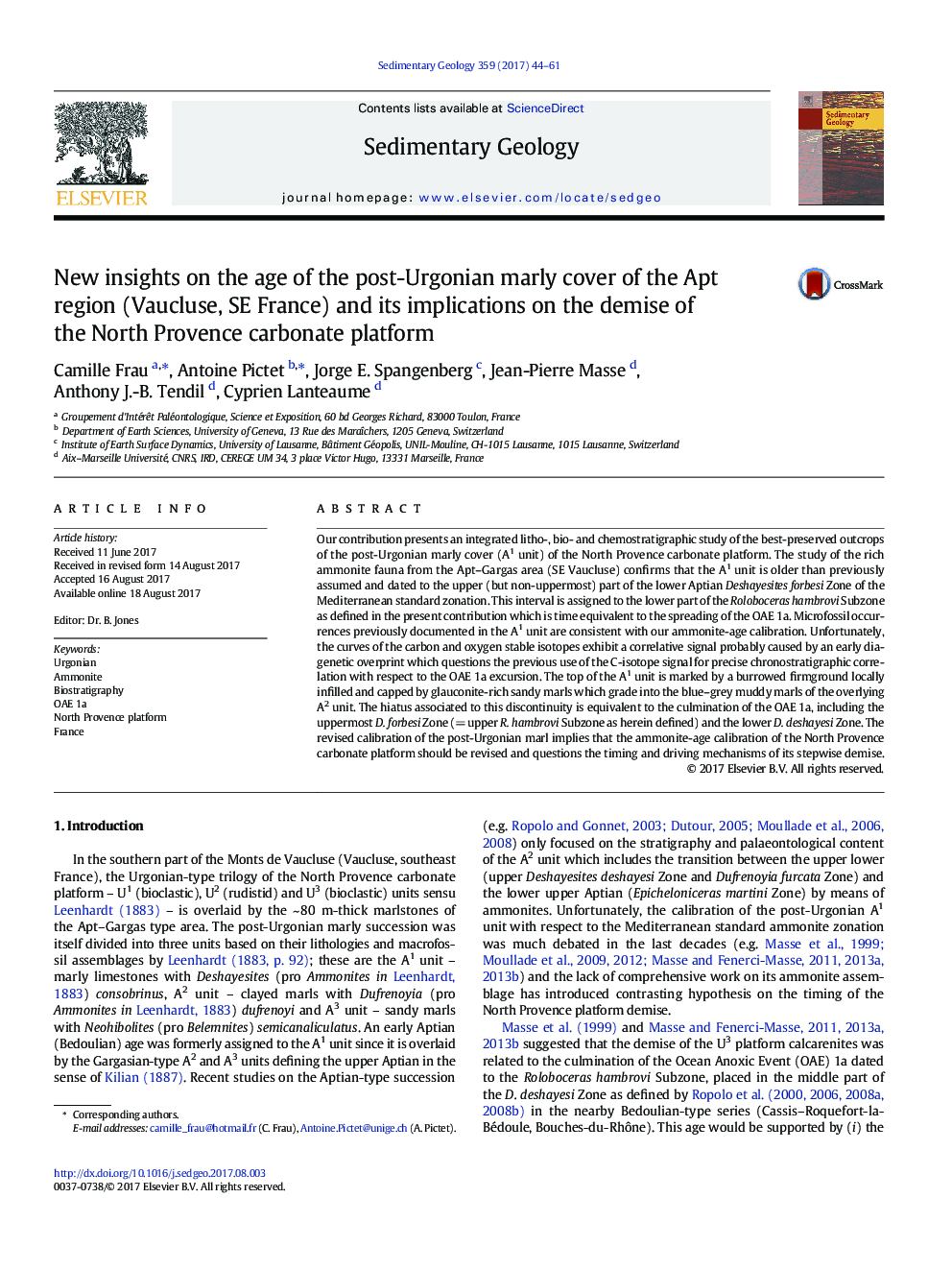 New insights on the age of the post-Urgonian marly cover of the Apt region (Vaucluse, SE France) and its implications on the demise of the North Provence carbonate platform