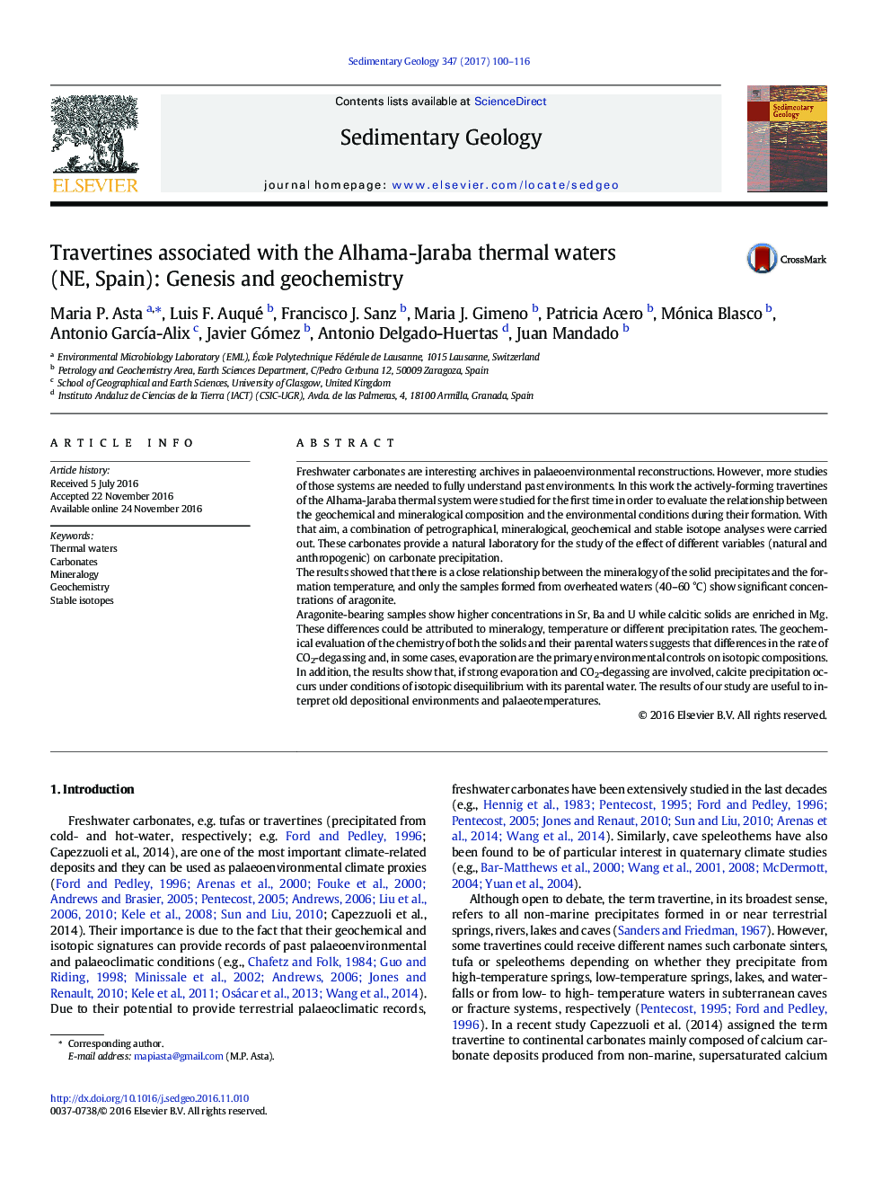 Travertines associated with the Alhama-Jaraba thermal waters (NE, Spain): Genesis and geochemistry