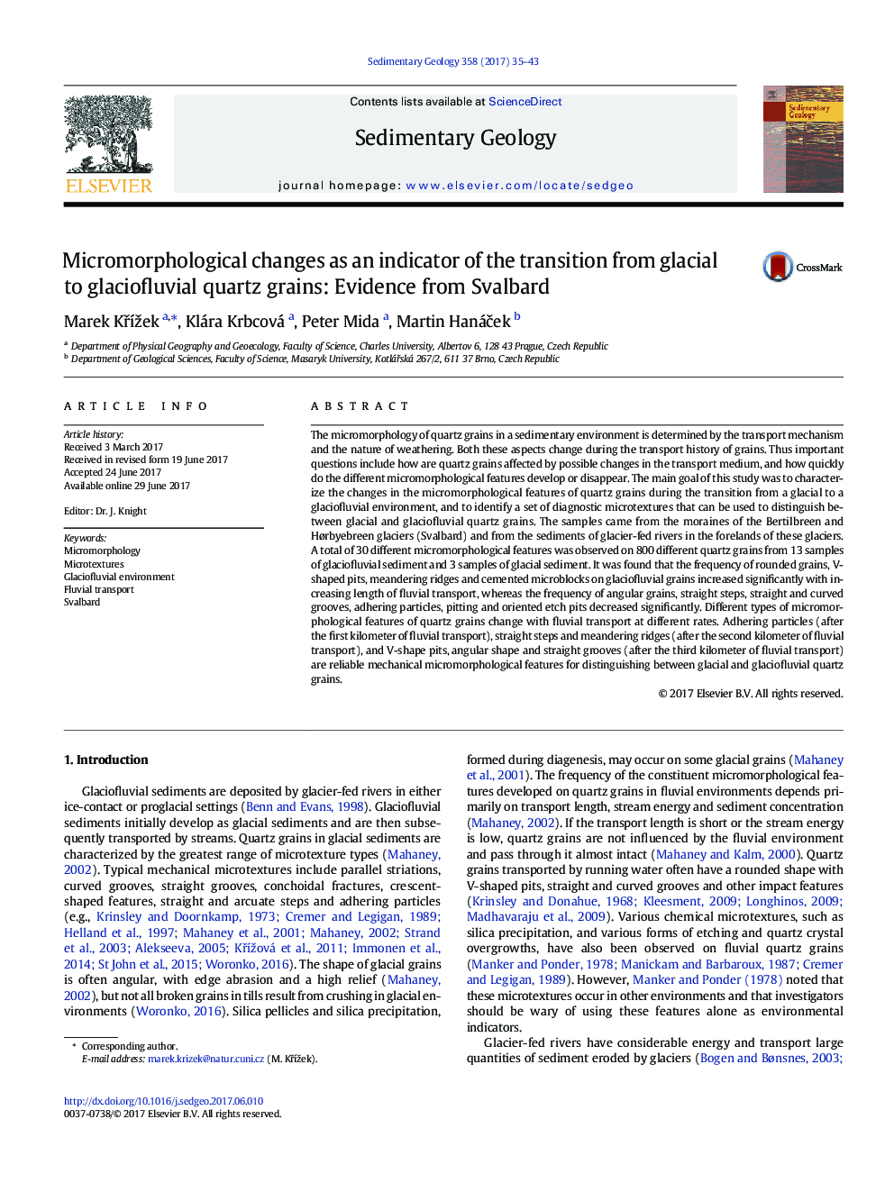 Micromorphological changes as an indicator of the transition from glacial to glaciofluvial quartz grains: Evidence from Svalbard