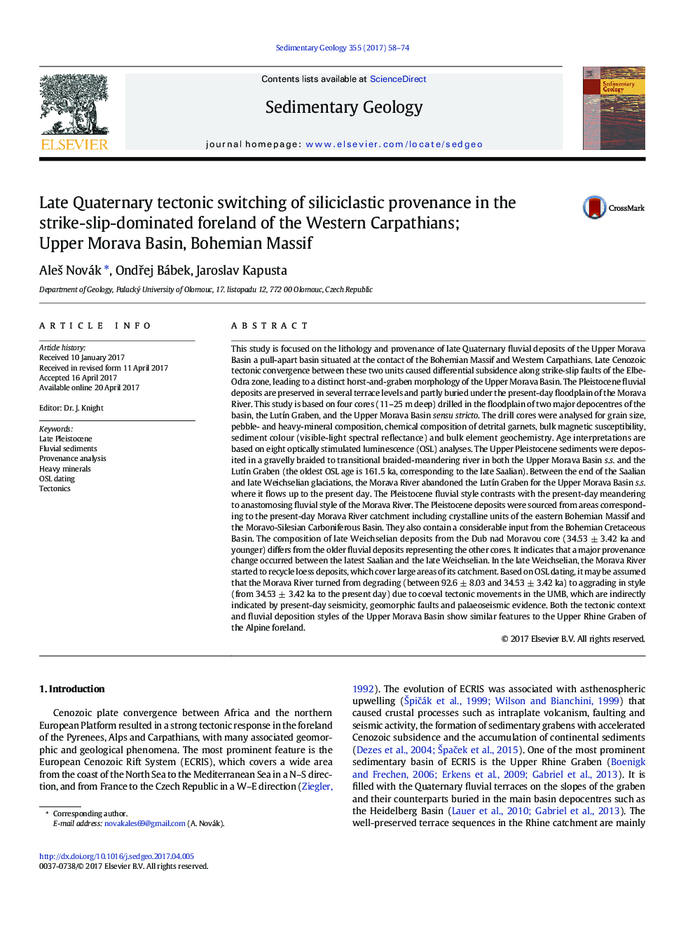 Late Quaternary tectonic switching of siliciclastic provenance in the strike-slip-dominated foreland of the Western Carpathians; Upper Morava Basin, Bohemian Massif