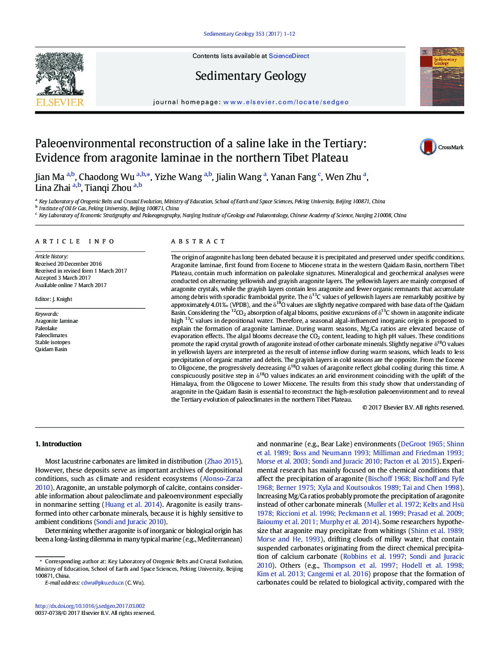 Paleoenvironmental reconstruction of a saline lake in the Tertiary: Evidence from aragonite laminae in the northern Tibet Plateau