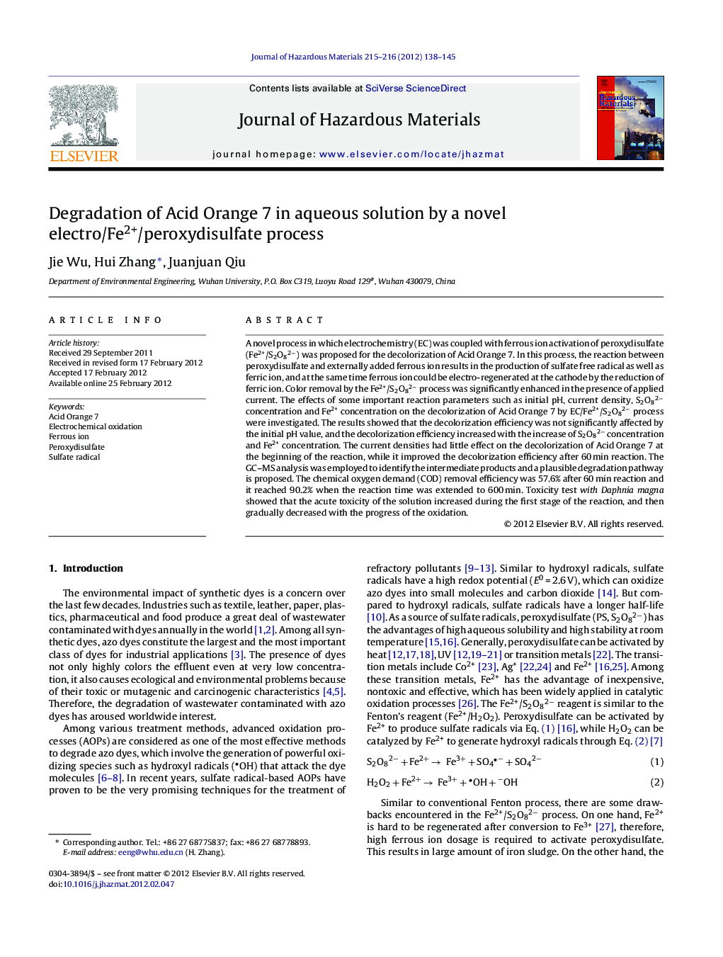 Degradation of Acid Orange 7 in aqueous solution by a novel electro/Fe2+/peroxydisulfate process