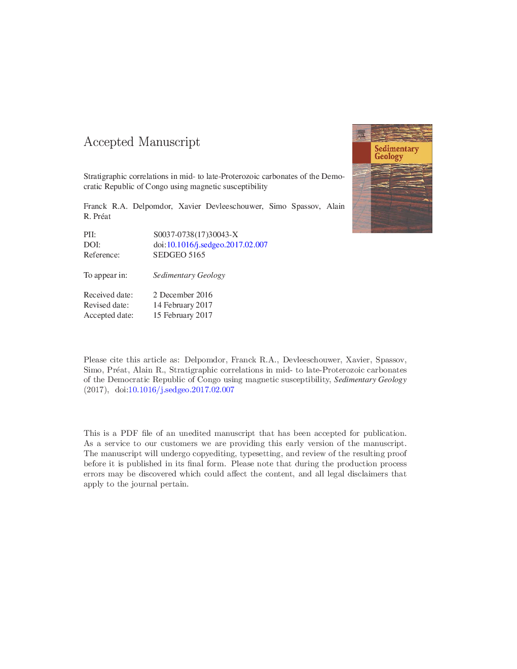 Stratigraphic correlations in mid- to late-Proterozoic carbonates of the Democratic Republic of Congo using magnetic susceptibility