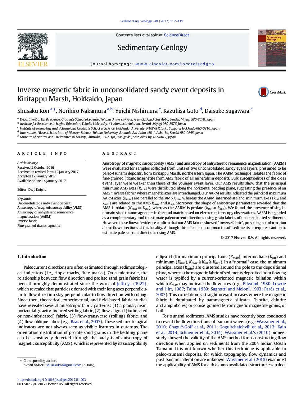 Inverse magnetic fabric in unconsolidated sandy event deposits in Kiritappu Marsh, Hokkaido, Japan