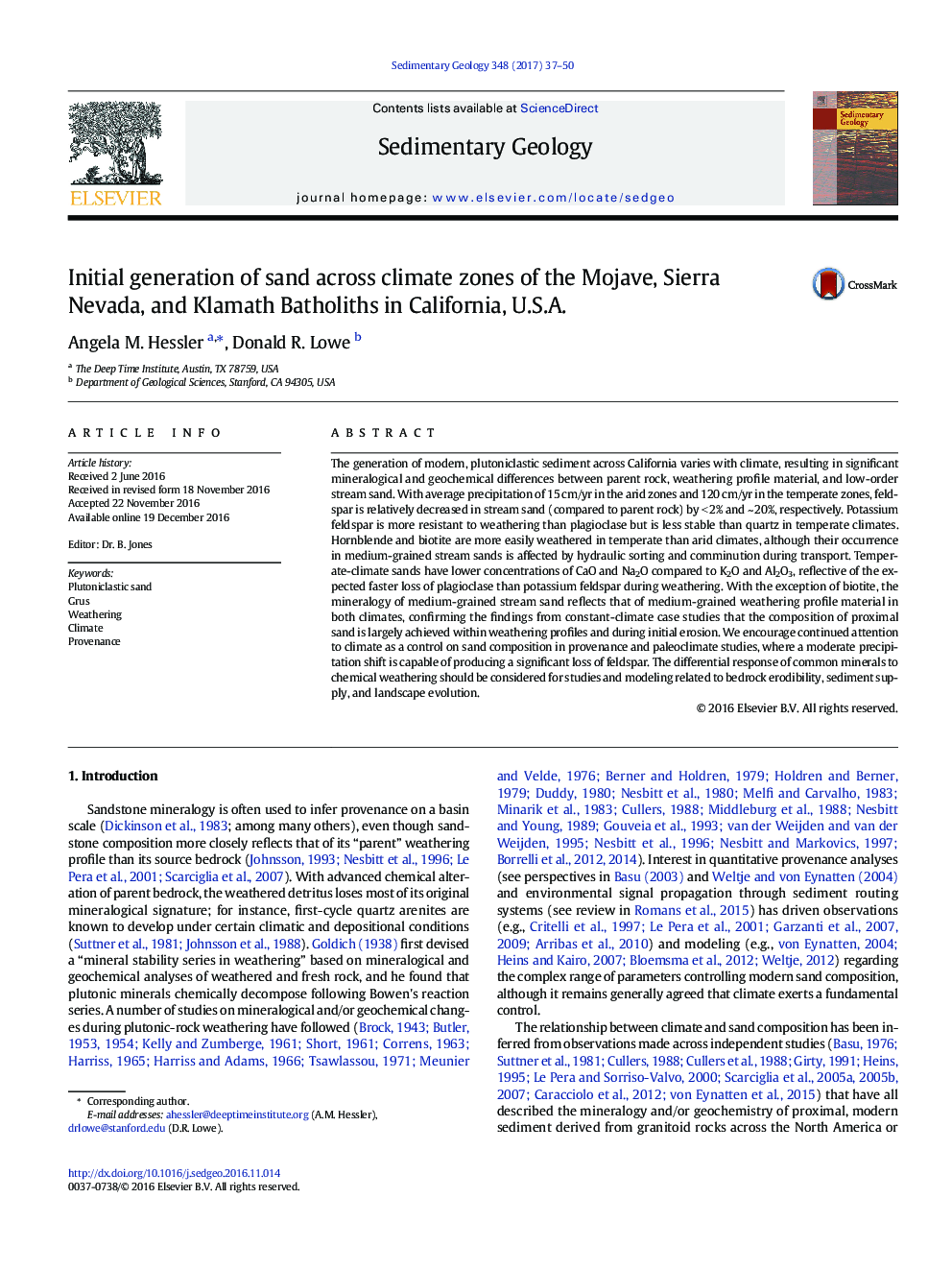 Initial generation of sand across climate zones of the Mojave, Sierra Nevada, and Klamath Batholiths in California, U.S.A.