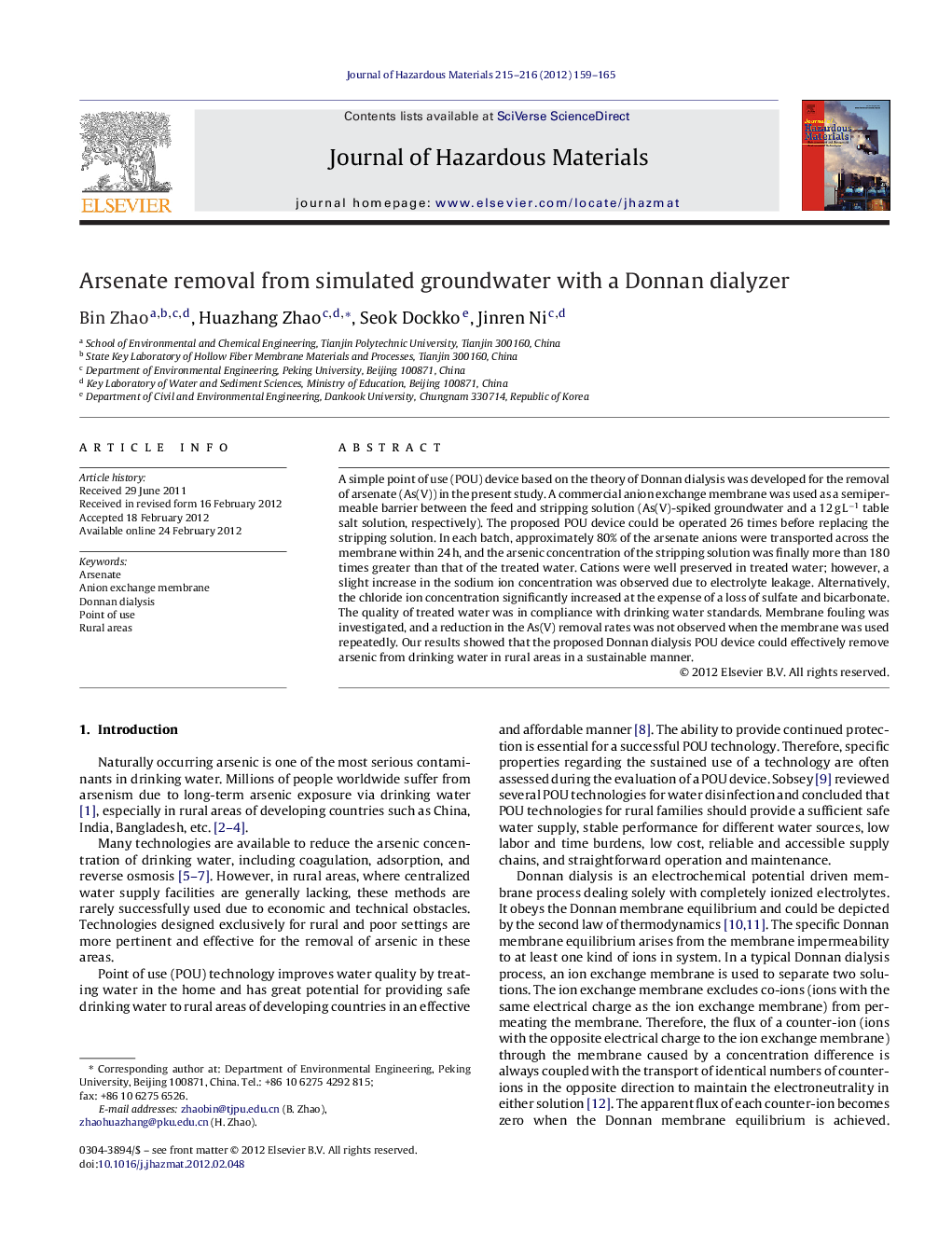 Arsenate removal from simulated groundwater with a Donnan dialyzer