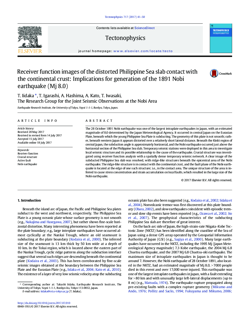 Receiver function images of the distorted Philippine Sea slab contact with the continental crust: Implications for generation of the 1891 Nobi earthquake (Mj 8.0)