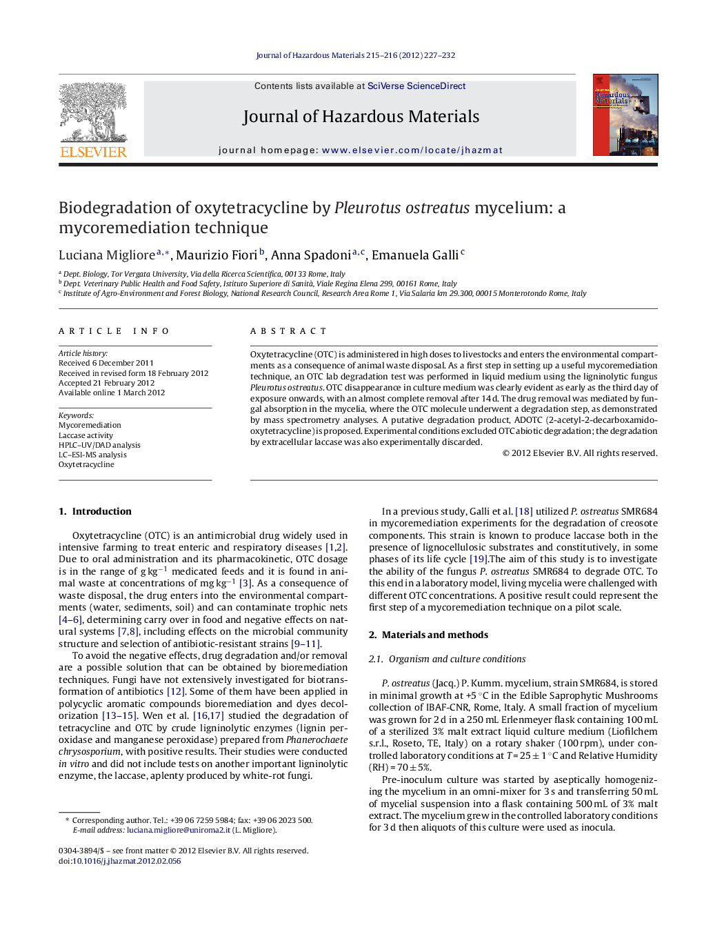 Biodegradation of oxytetracycline by Pleurotus ostreatus mycelium: a mycoremediation technique