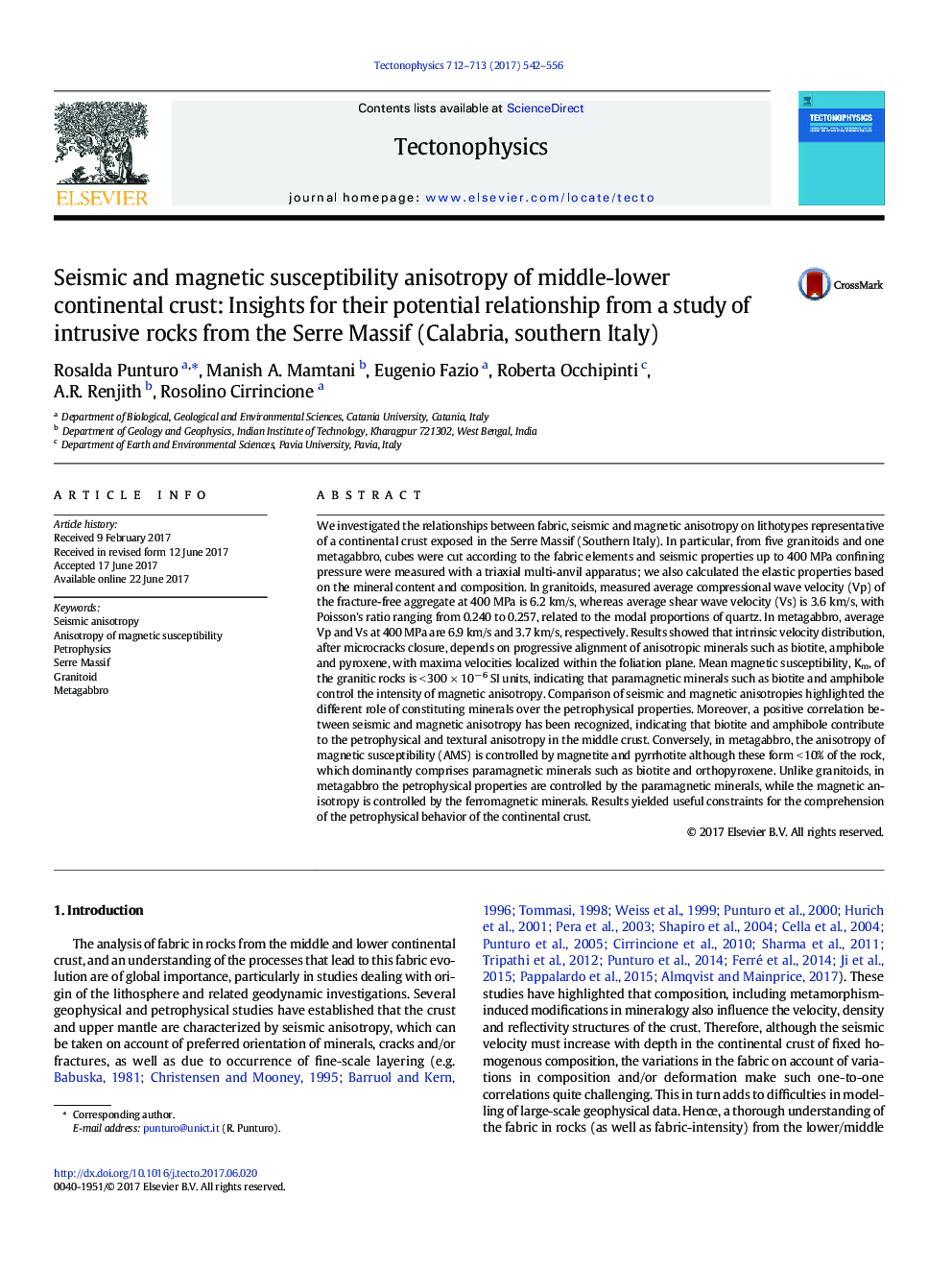 Seismic and magnetic susceptibility anisotropy of middle-lower continental crust: Insights for their potential relationship from a study of intrusive rocks from the Serre Massif (Calabria, southern Italy)