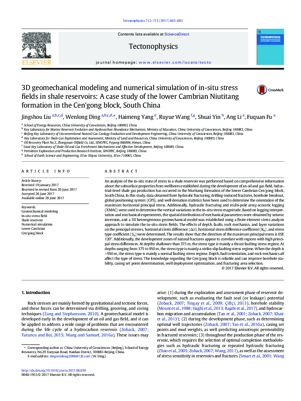 3D geomechanical modeling and numerical simulation of in-situ stress fields in shale reservoirs: A case study of the lower Cambrian Niutitang formation in the Cen'gong block, South China